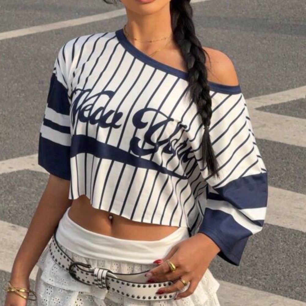 SHEIN “New York” Striped Navy and White Off-Shoulder Crop Top Size Medium